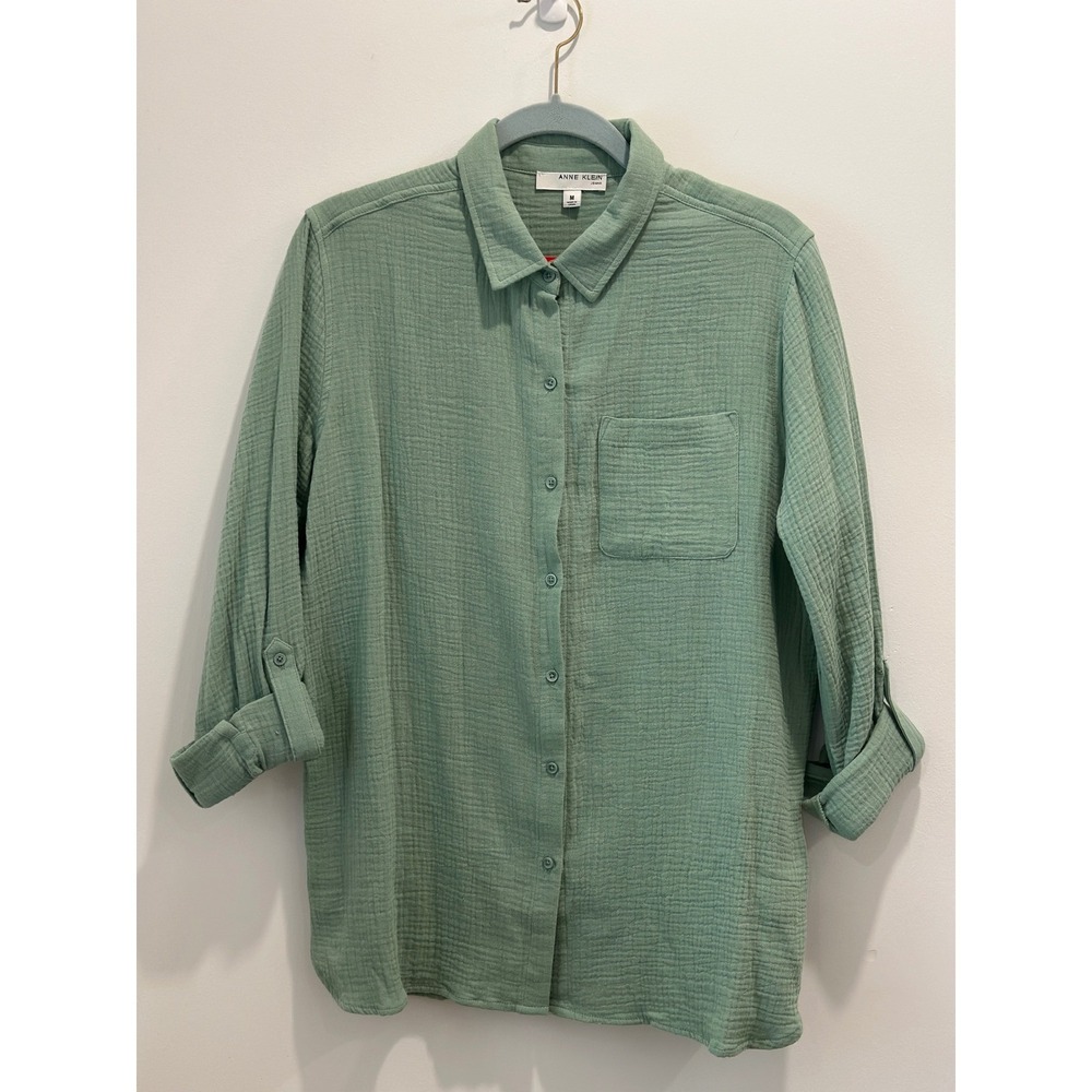 Anne Klein Jeans Sage Green Double Gauze Button Down Shirt Roll Tab Sleeve Med - Picture 2 of 13
